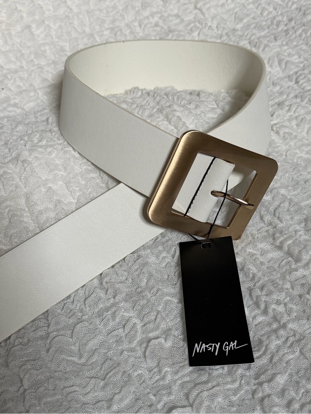 Nasty Gal White Wide Belt with Brushed Gold Square Buckle